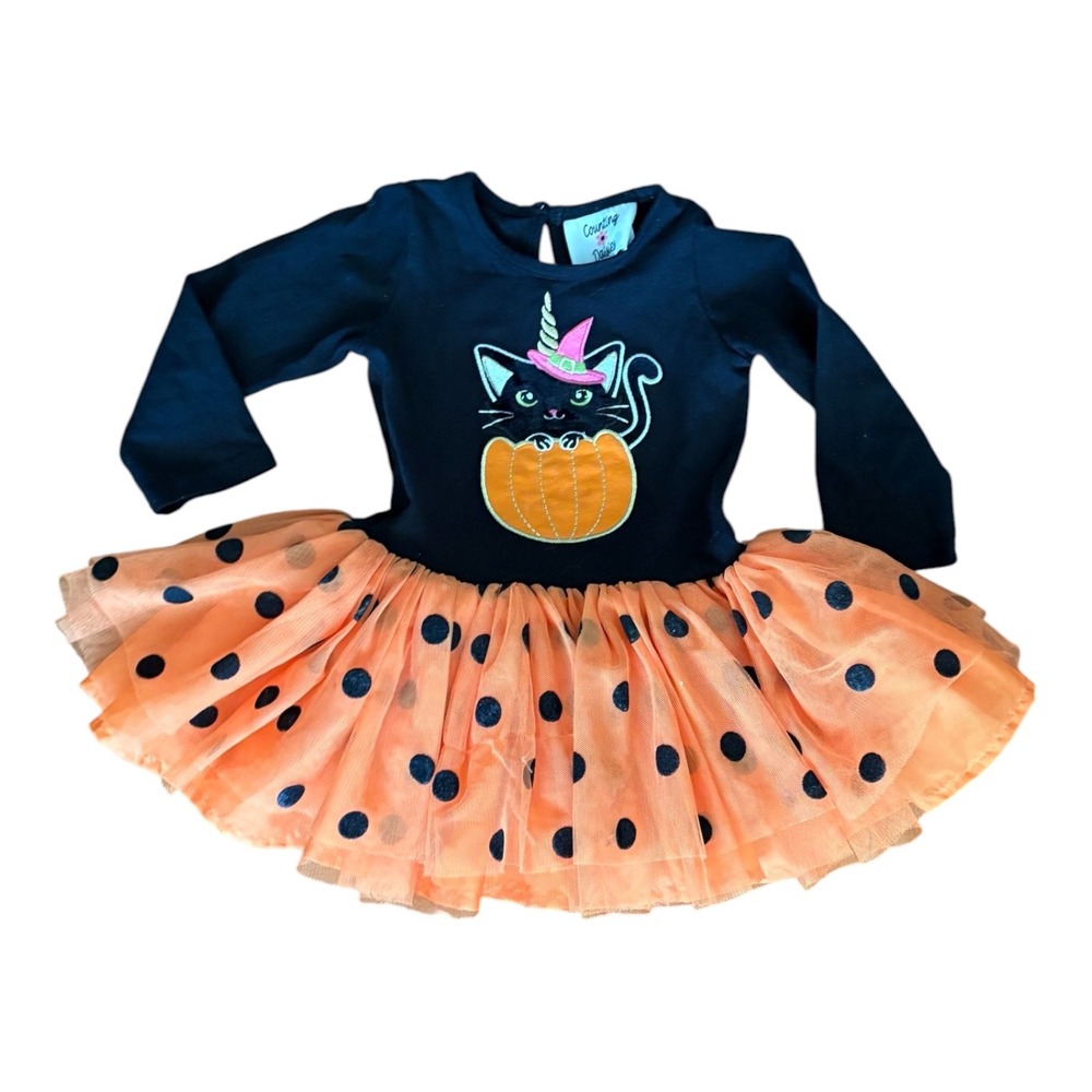 Counting Daisies Girls Halloween Caticorn Tutu Dress Orange Black Polka Dot 18M